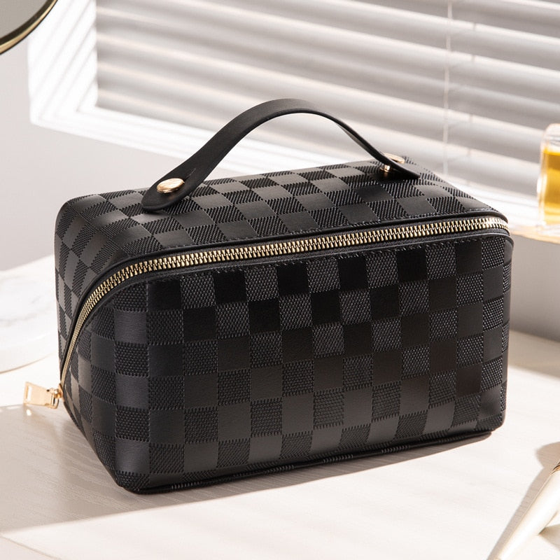 Checkered Travel Bags for Makeup with Carry Handle | Faux Leather Cosmetic Case with Several Compartments