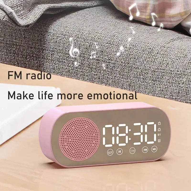 Digital Alarm Clock with Bluetooth Speaker and FM Radio | Mirror Front and a Large Time Display | Black, White or Pink