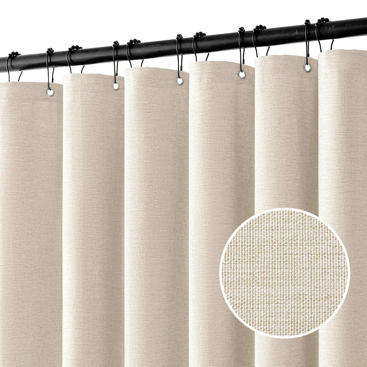 Beige Shower Curtain in a Thick Linen Look, Water Repellent | Black Metal Hooks Included | Quick Drying, Washable