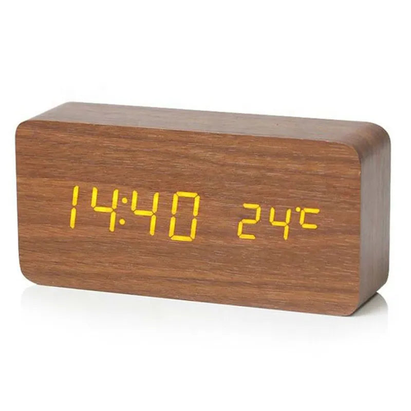 Wood Alarm Clock with LED Display and Room Temperature | Dimmable Digital Timepiece for Bedroom or Desk