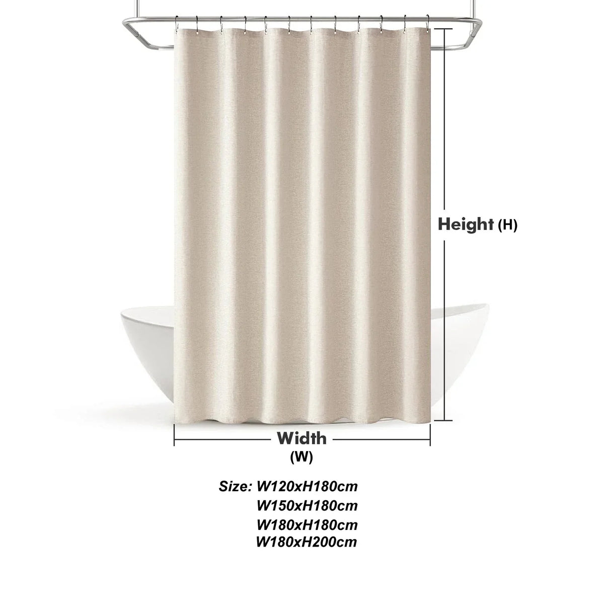 Beige Shower Curtain in a Thick Linen Look, Water Repellent | Black Metal Hooks Included | Quick Drying, Washable