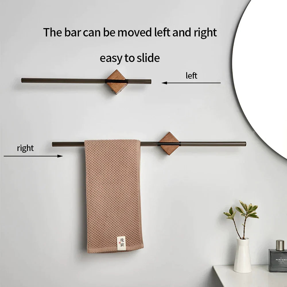 Wall Mounted Rail on a Natural Wood Grain Block | Minimalist Bathroom Towel Storage in Black or Gold | Three Lengths