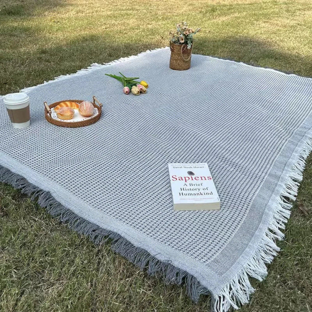 Boho Woven Picnic Blanket with Tassel Edges | Foldable and Lightweight | For Picnics, Beach Outings, and Camping