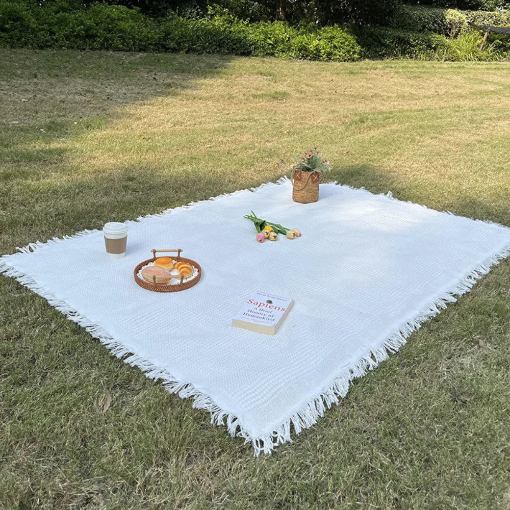 Boho Woven Picnic Blanket with Tassel Edges | Foldable and Lightweight | For Picnics, Beach Outings, and Camping