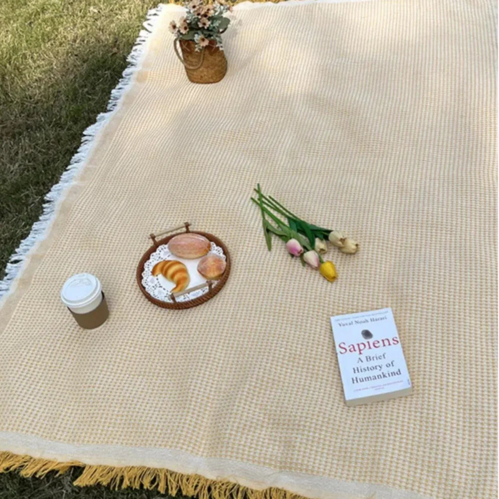 Boho Woven Picnic Blanket with Tassel Edges | Foldable and Lightweight | For Picnics, Beach Outings, and Camping