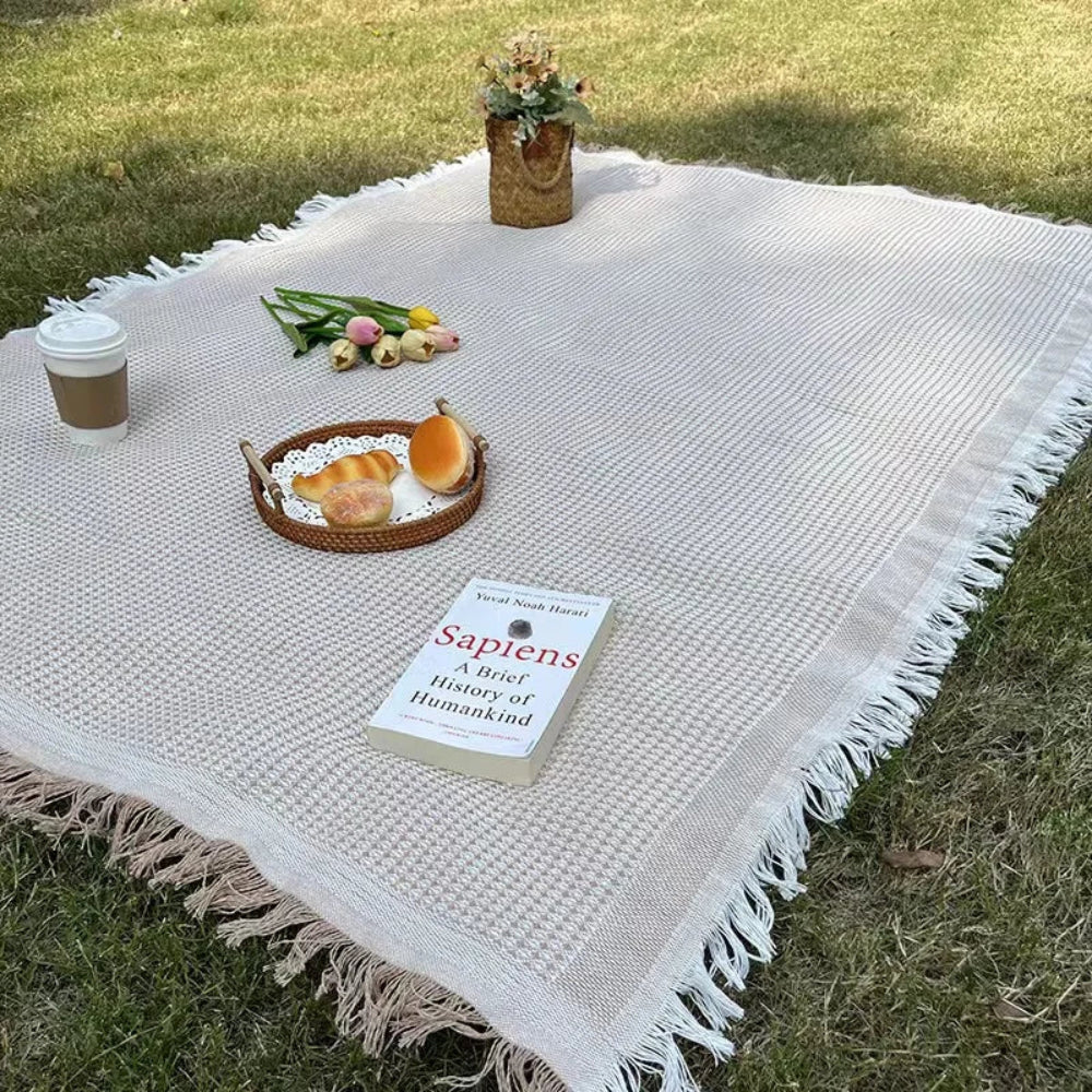 Boho Woven Picnic Blanket with Tassel Edges | Foldable and Lightweight | For Picnics, Beach Outings, and Camping