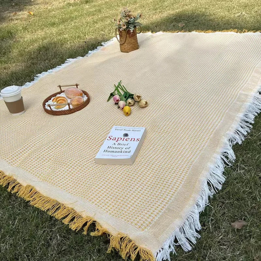 Boho Woven Picnic Blanket with Tassel Edges | Foldable and Lightweight | For Picnics, Beach Outings, and Camping