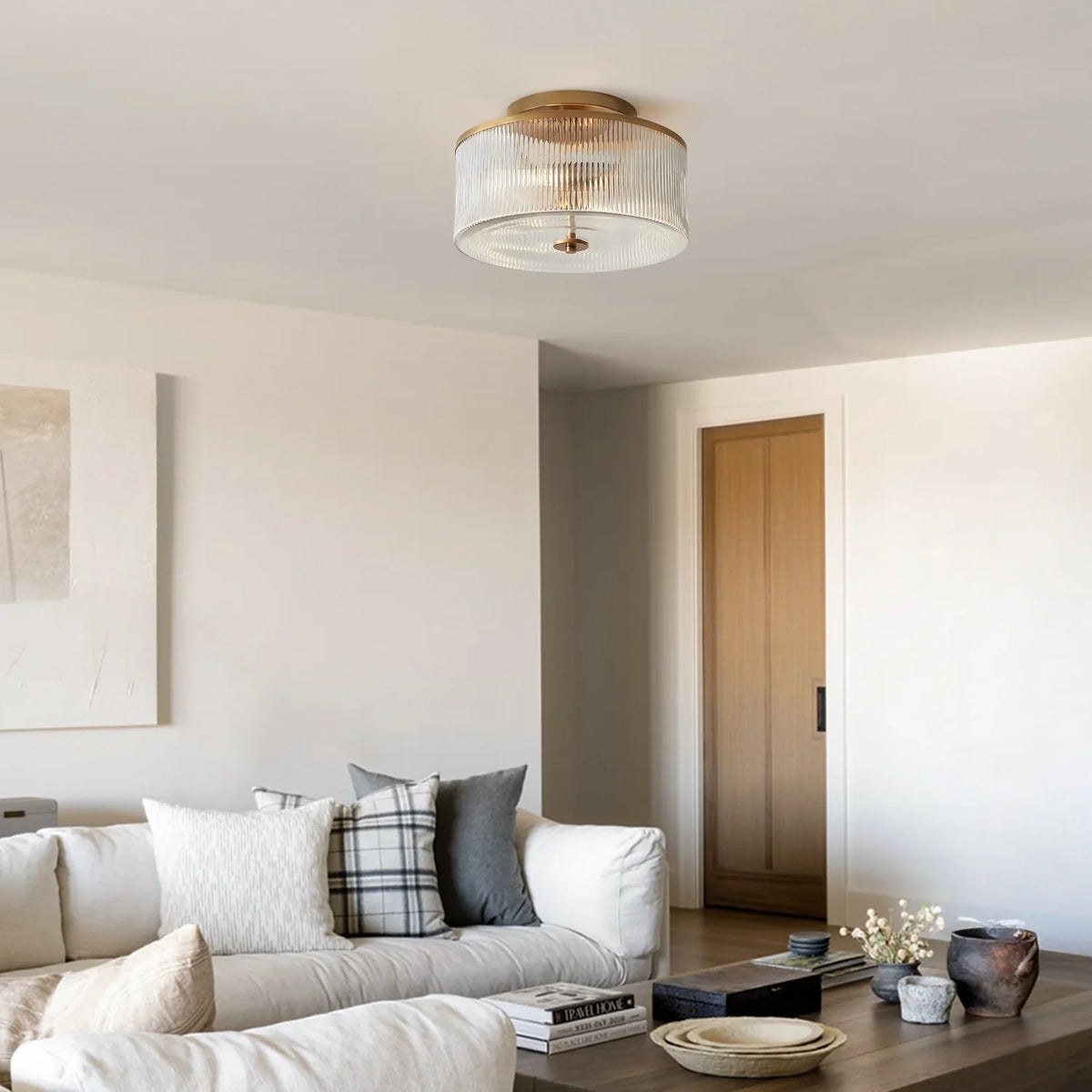 Ribbed Glass Drum Ceiling Light | Available in Brass or Black | Soft Even Glow for Bedrooms and Kitchens