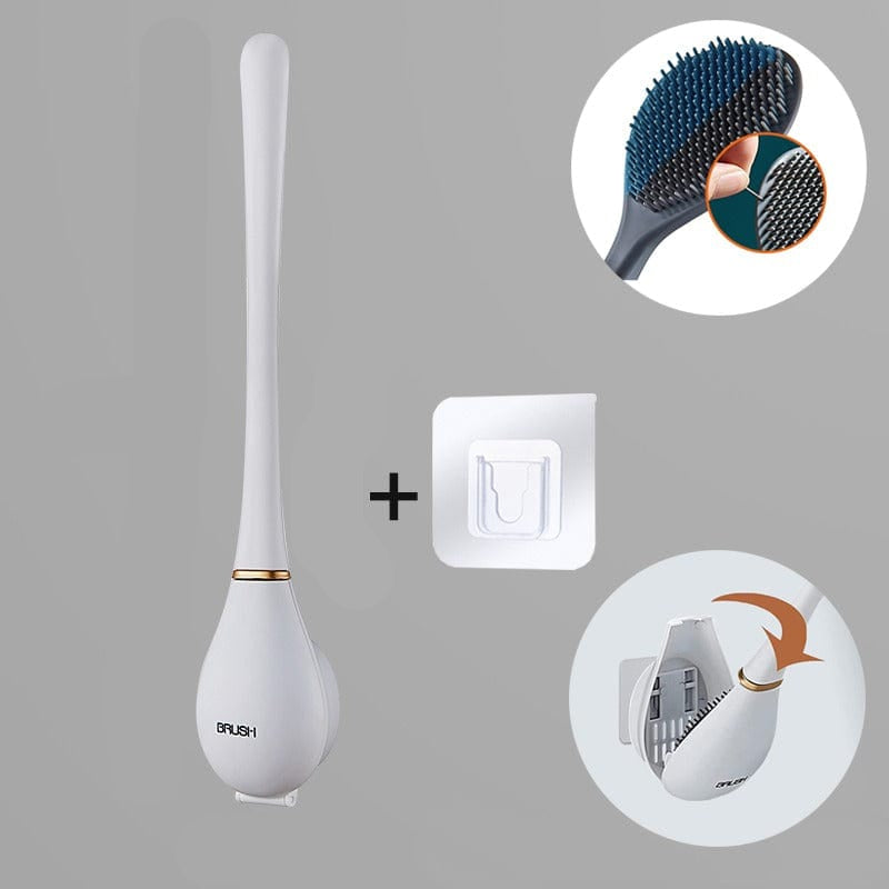 Flat Head Toilet Brush in Silicone | Wall Mounted Holder with an Adhesive Pad | Five Colors, Tips Dry Quickly After Use