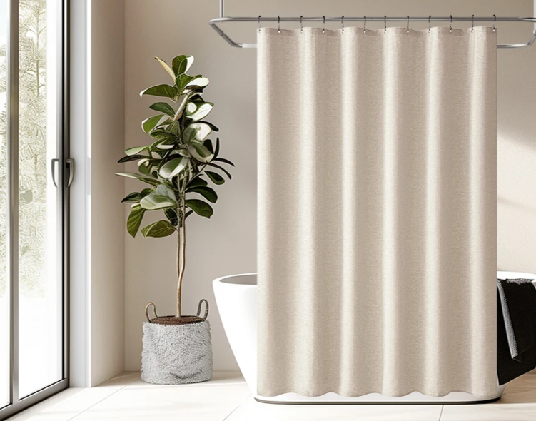 Beige Shower Curtain in a Thick Linen Look, Water Repellent | Black Metal Hooks Included | Quick Drying, Washable