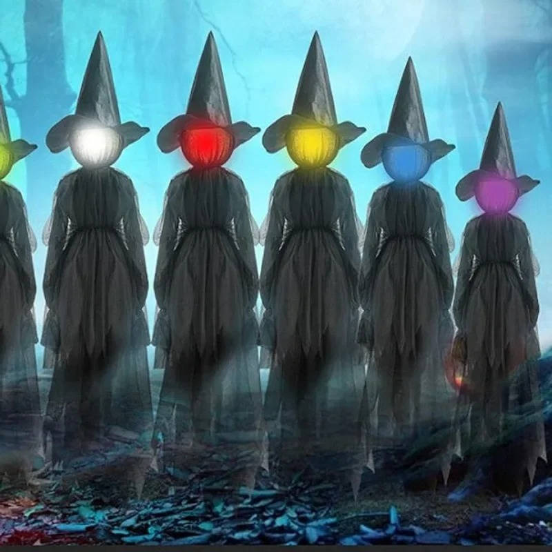 Tall black witch figures in weatherproof fabric for outdoor Halloween decor