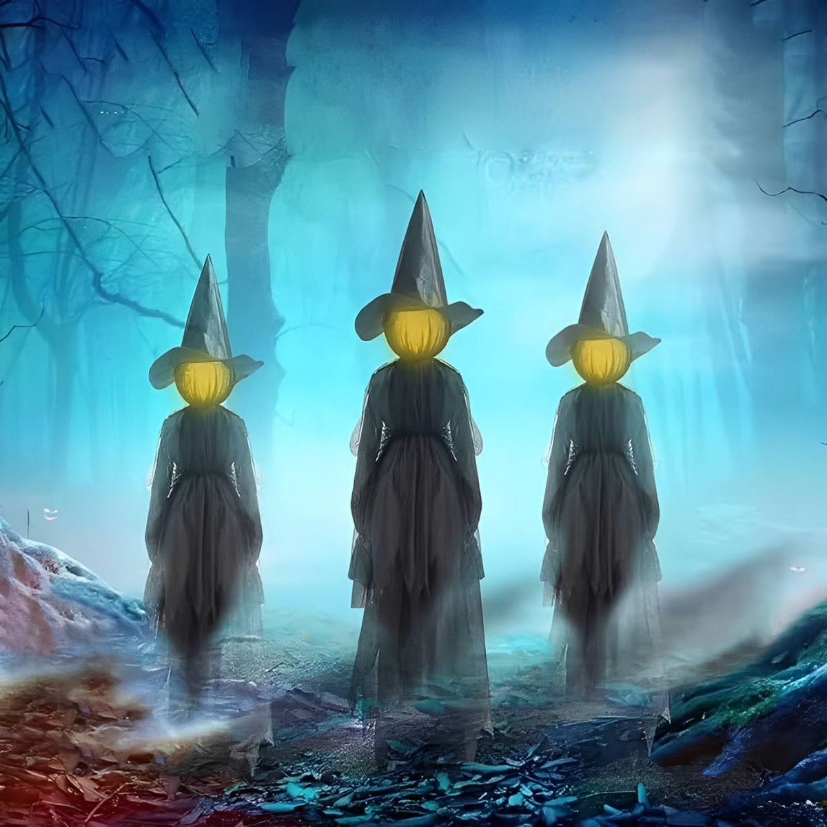 Set of 3 sound activated witch figures with glowing heads for Halloween