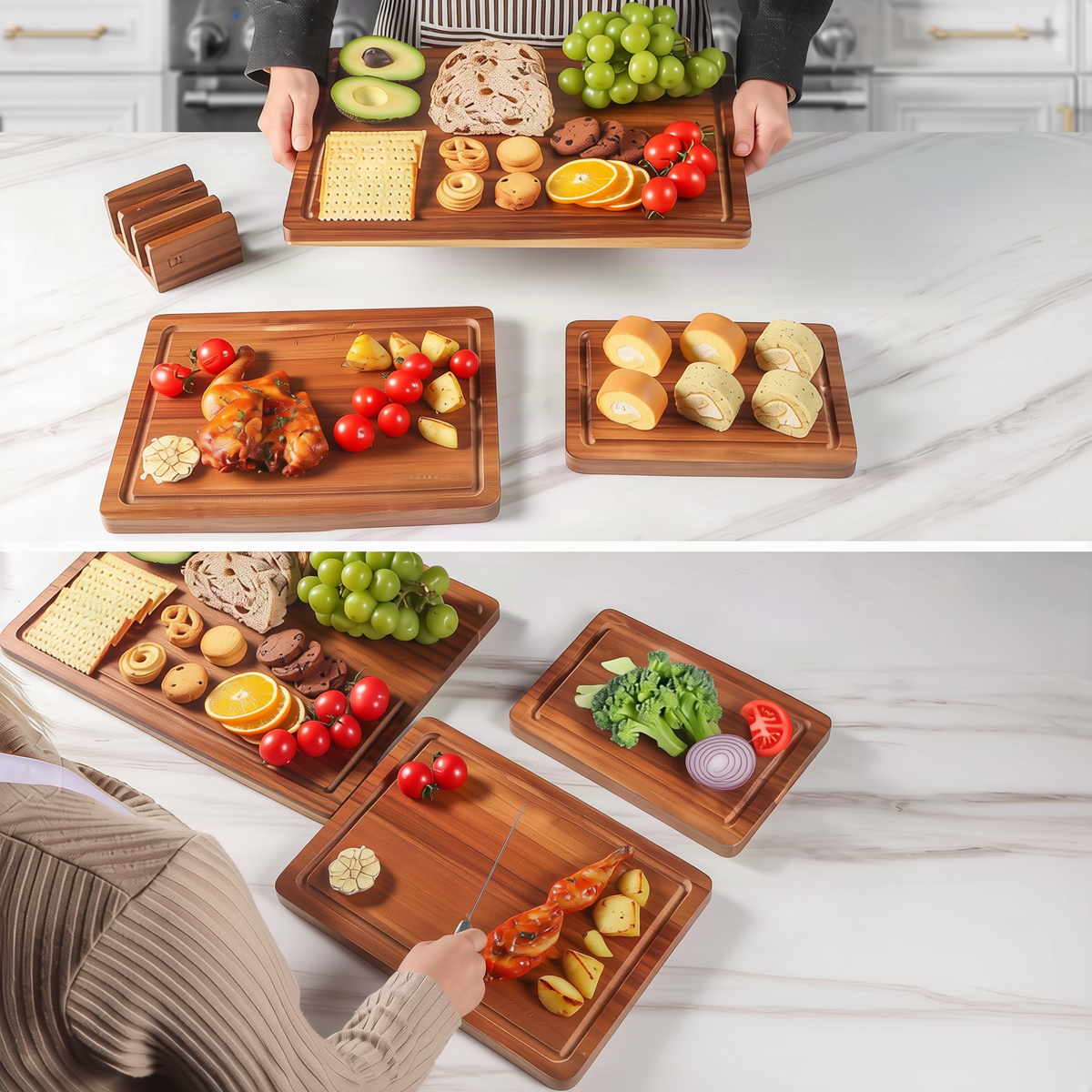 Wood Cutting Boards in Square Shape | Single Size or Three-Piece Set with Storage Base | Rinse and Wipe Clean