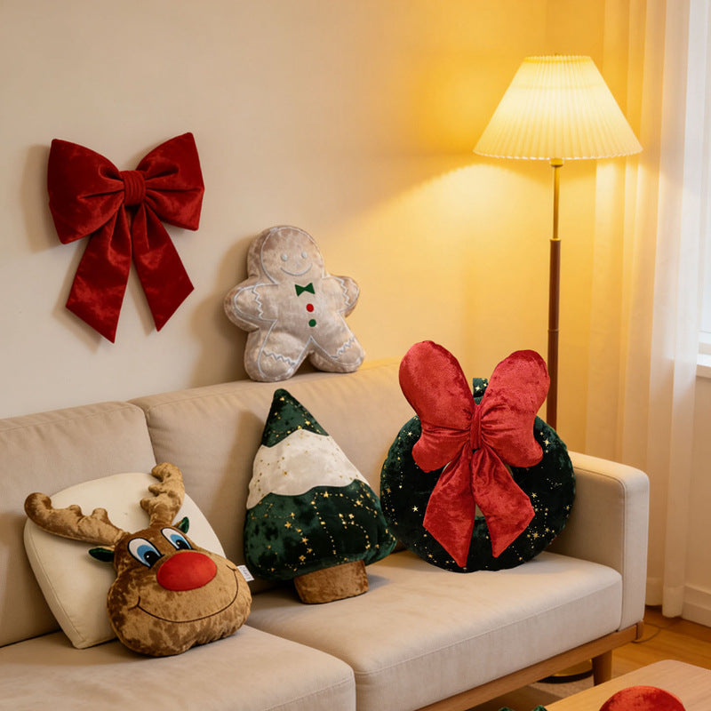 Christmas Throw Pillows in Gingerbread, Tree and Wreath Shapes