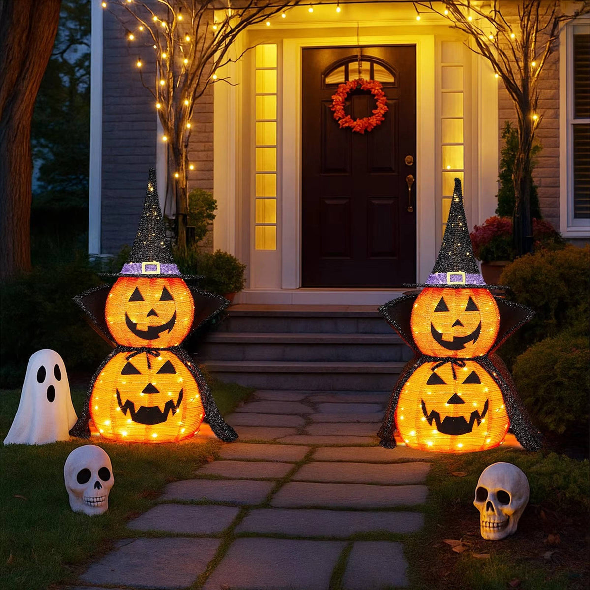 Collapsible lighted pumpkin decoration lit with warm white LEDs at night