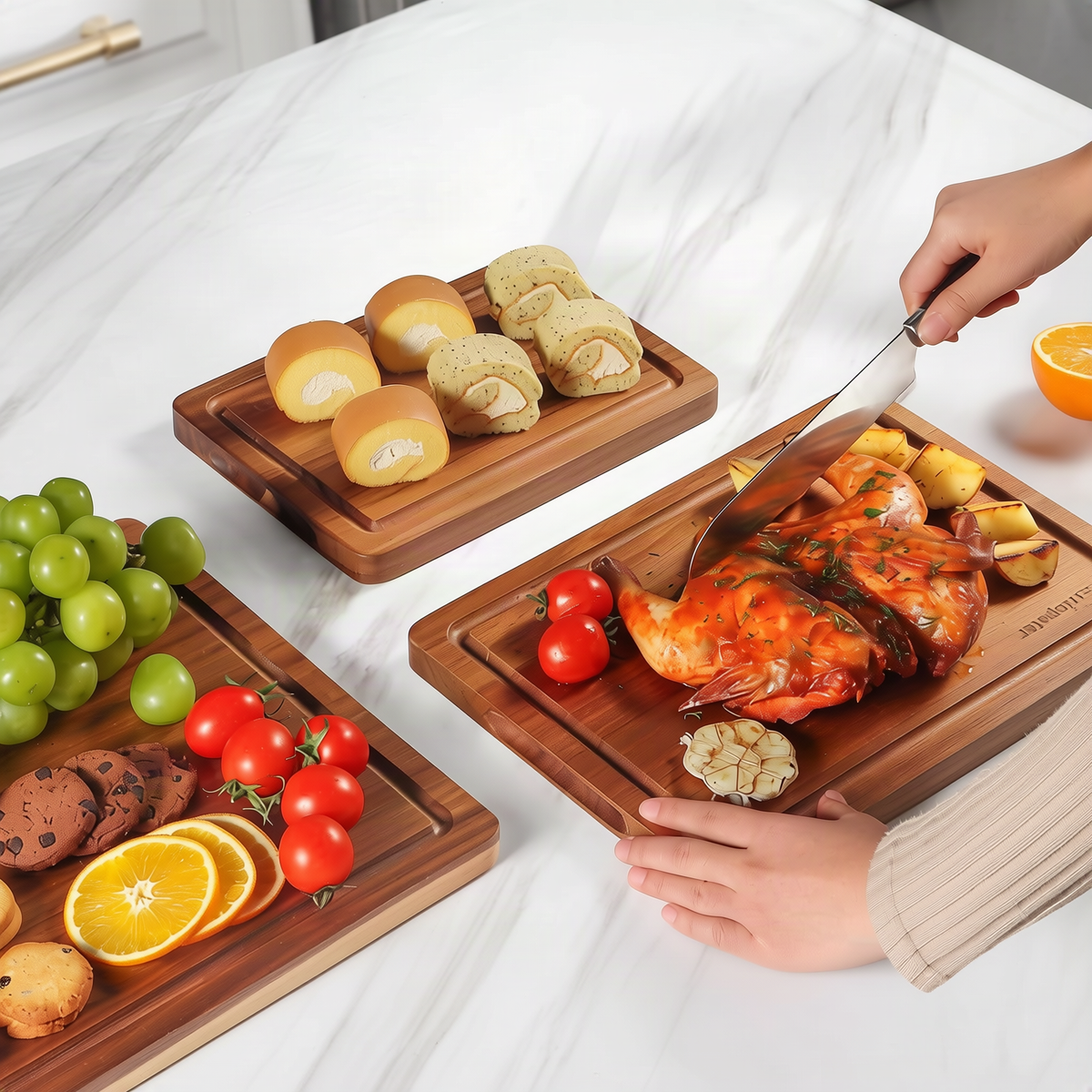 Wood Cutting Boards in Square Shape | Single Size or Three-Piece Set with Storage Base | Rinse and Wipe Clean