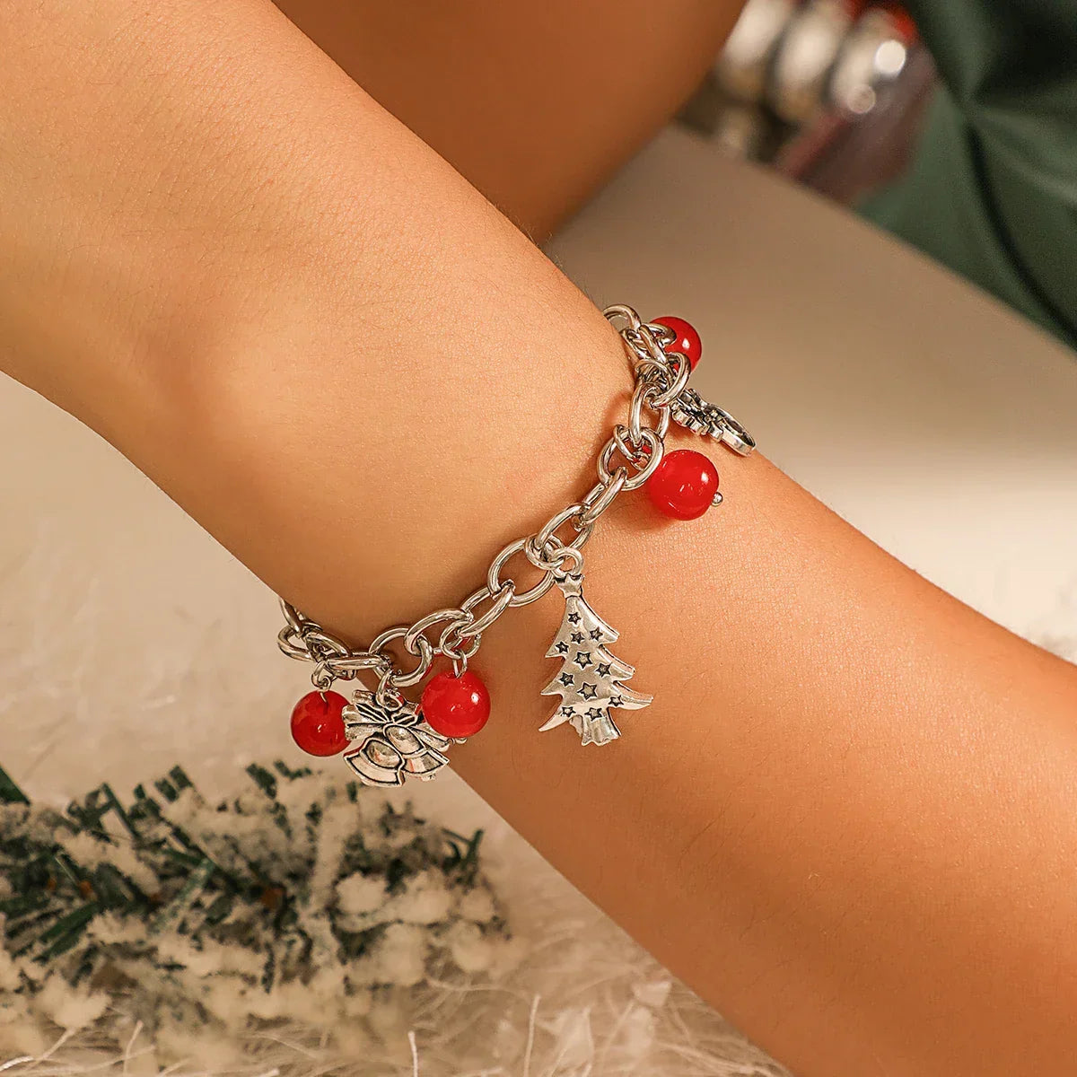 Silver Tone Christmas Bracelets with Festive Charms and Red Beads