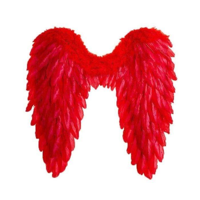 Red feathered costume angel wings shown fully spread