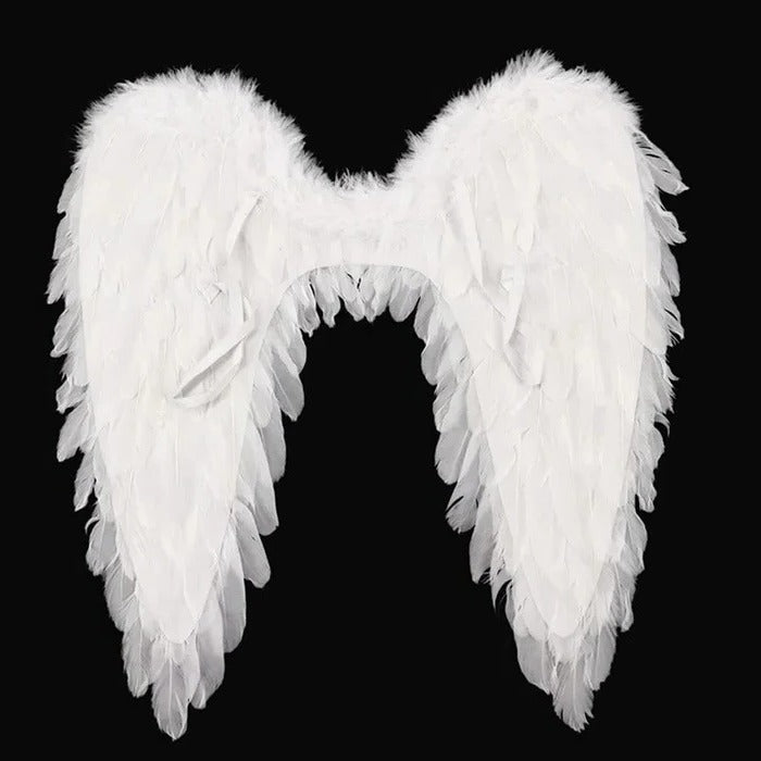 White feathered costume wings with adjustable shoulder straps