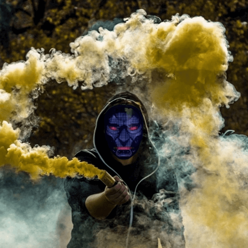 LED costume face mask shown with app design options