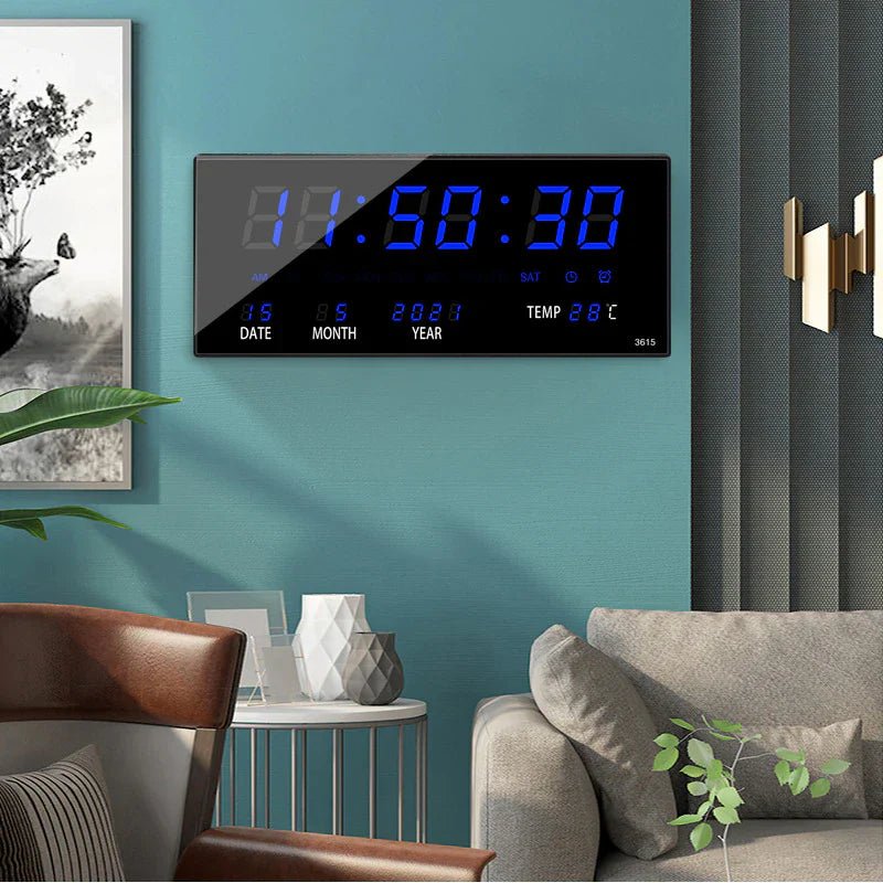 Digital Wall Clock with Mirrored LED Display | Time, Date, Temperature and Alarm | 14 x 6 in, 4 Colors
