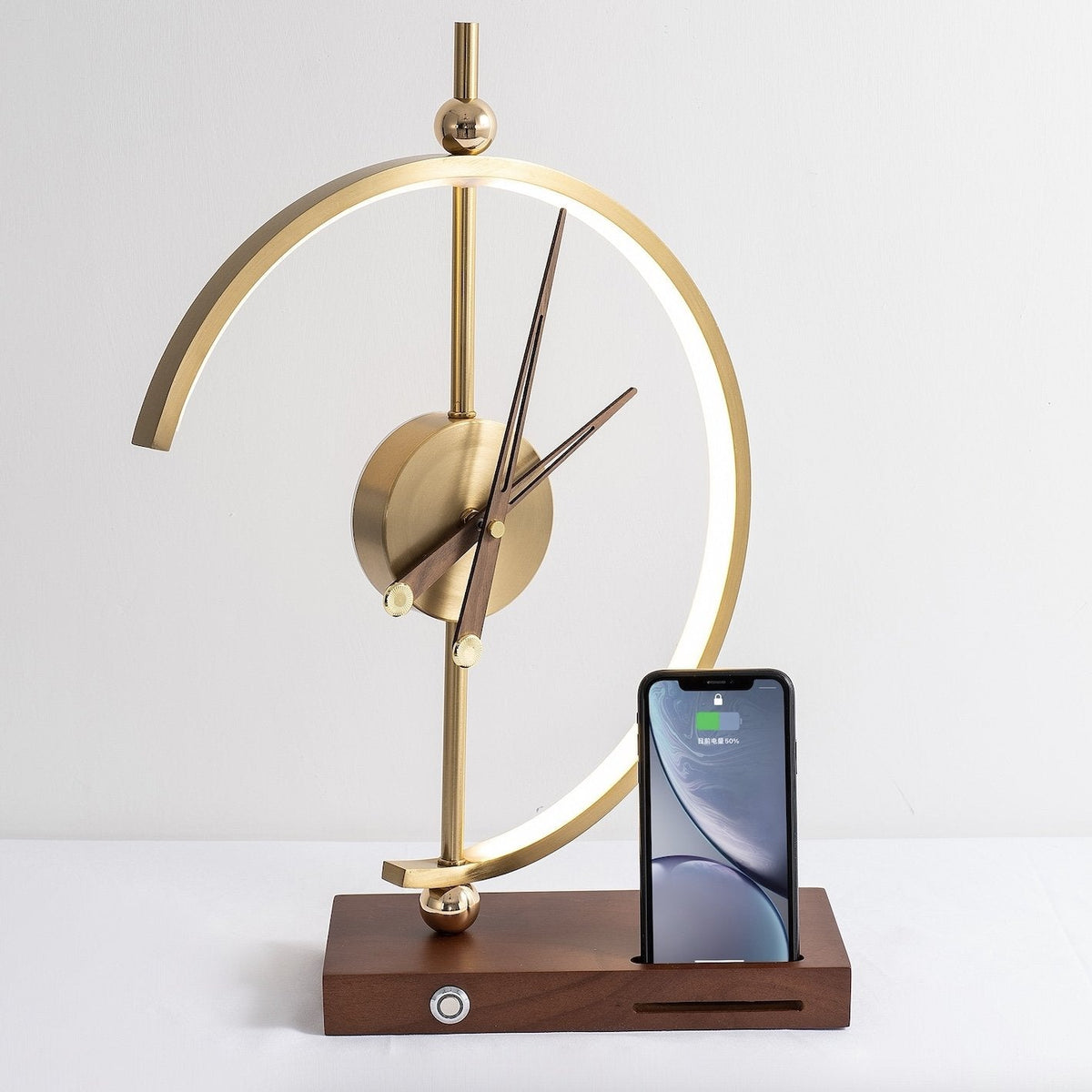 Arched LED Table Lamp with a Built-In Clock | Qi Wireless Charging Pad in the Wooden Base | Dimmable Warm or Cool White