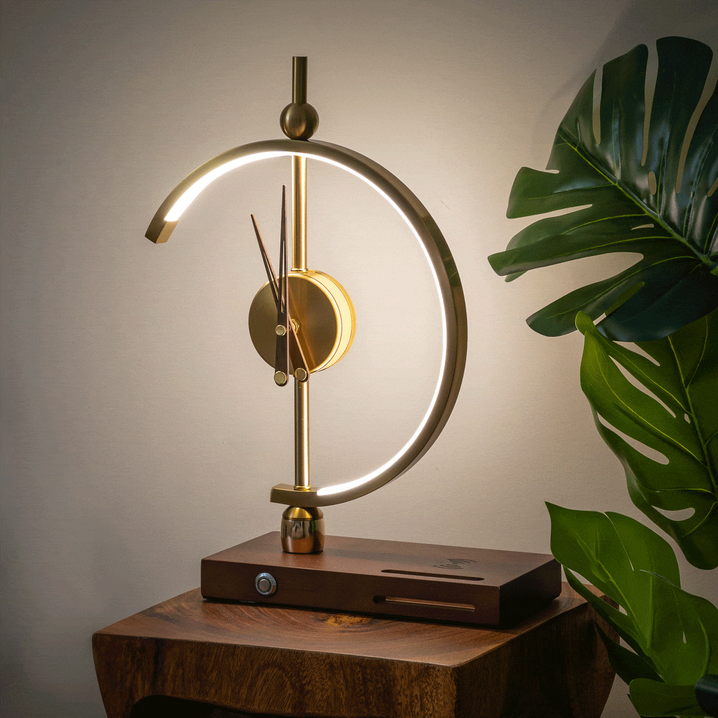 Arched LED Table Lamp with a Built-In Clock | Qi Wireless Charging Pad in the Wooden Base | Dimmable Warm or Cool White