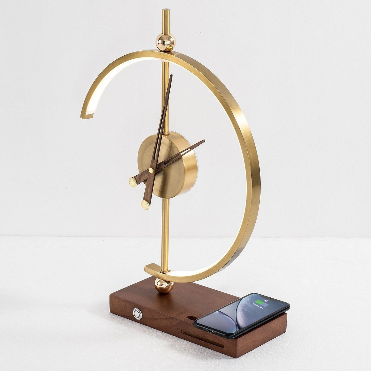 Arched LED Table Lamp with a Built-In Clock | Qi Wireless Charging Pad in the Wooden Base | Dimmable Warm or Cool White