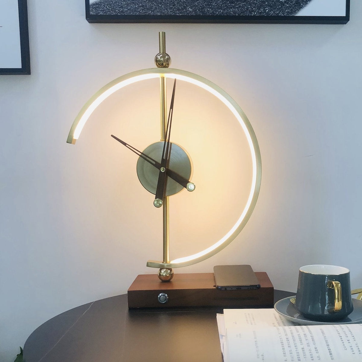 Arched LED Table Lamp with a Built-In Clock | Qi Wireless Charging Pad in the Wooden Base | Dimmable Warm or Cool White