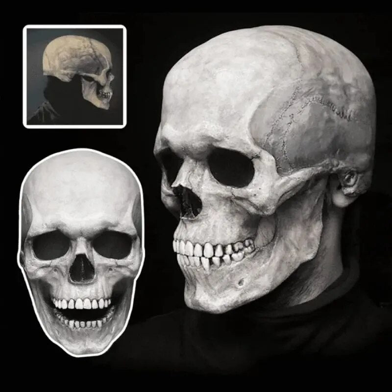 Side profile of the realistic skeleton mask showing the hinged jaw