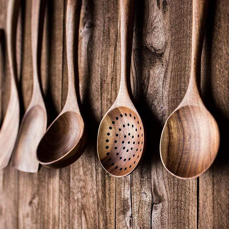 Wooden Kitchen Utensil Set with Spoons, Spatulas and Slotted Server | Heat Resistant Natural Wood | 4 or 7 Pieces