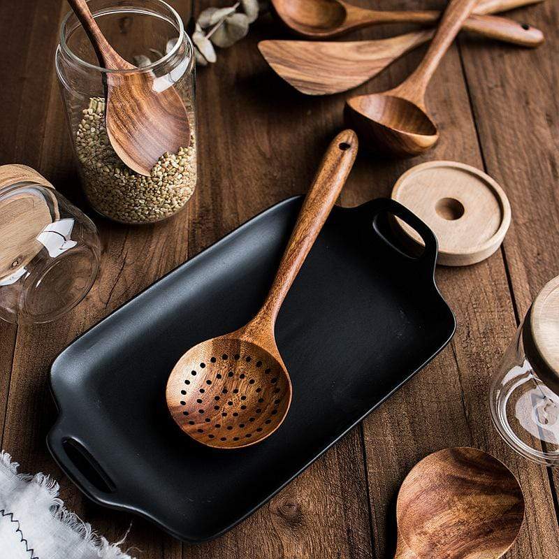Wooden Kitchen Utensil Set with Spoons, Spatulas and Slotted Server | Heat Resistant Natural Wood | 4 or 7 Pieces