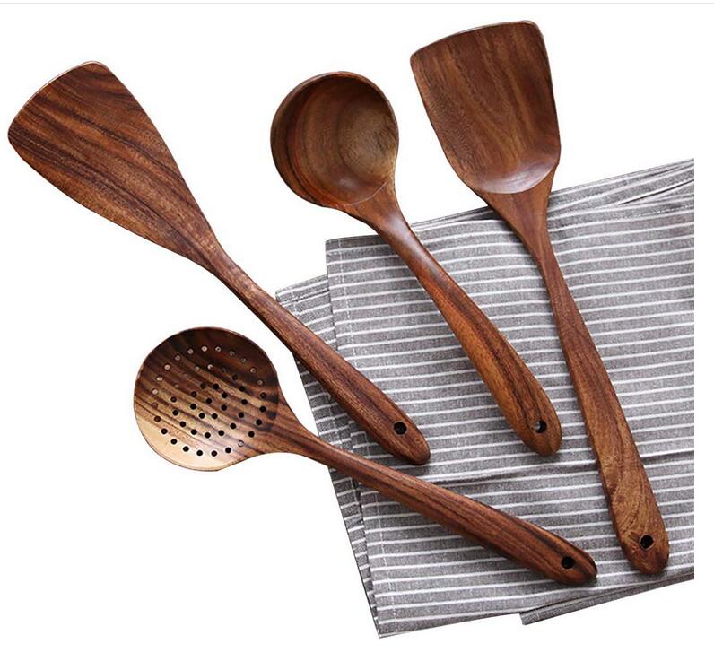 Wooden Kitchen Utensil Set with Spoons, Spatulas and Slotted Server | Heat Resistant Natural Wood | 4 or 7 Pieces