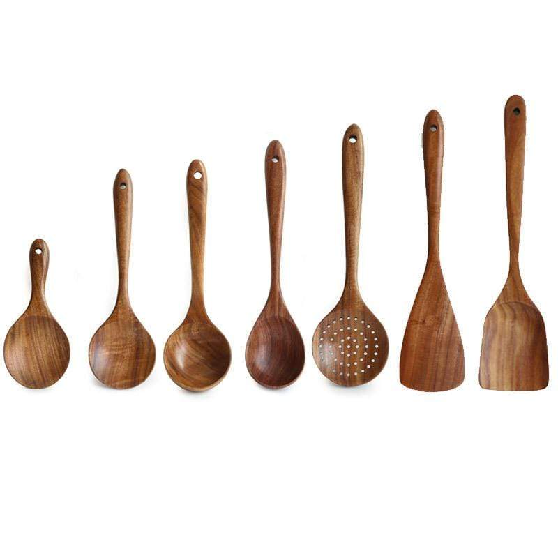 Wooden Kitchen Utensil Set with Spoons, Spatulas and Slotted Server | Heat Resistant Natural Wood | 4 or 7 Pieces