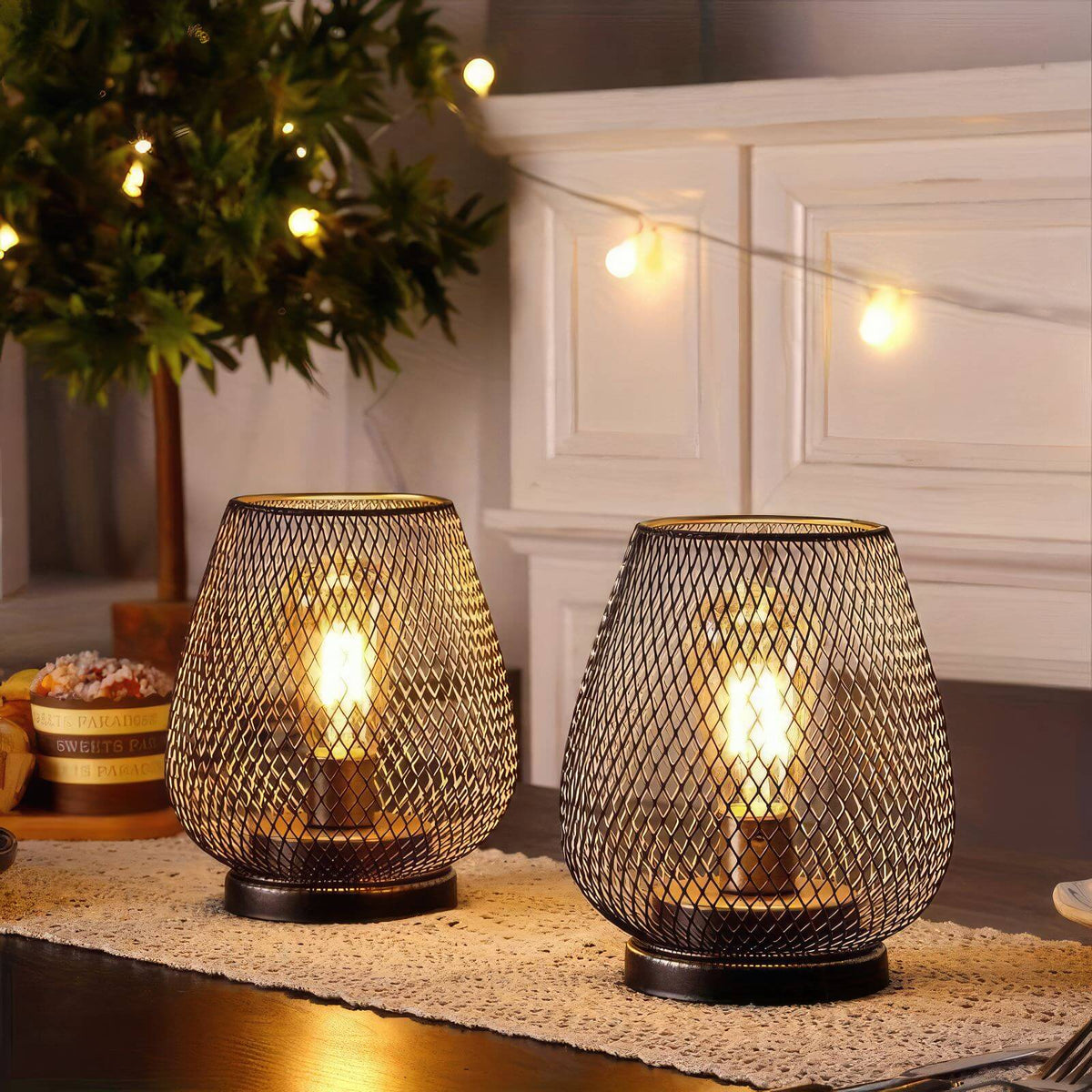Metal Cage Table Lanterns, Set of 2 | Warm Night Light Glow for the Living Room or Terrace | Matte Black