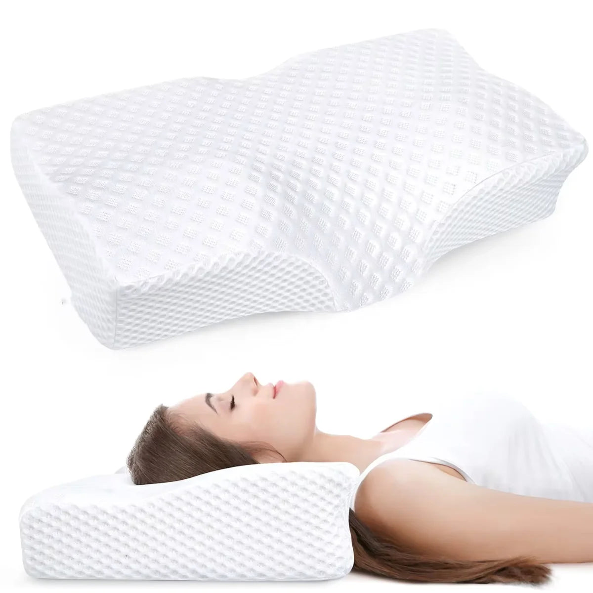 Curved Memory Foam Cervical Pillow for Back, Side and Stomach Sleepers | Breathable Washable Cover | 20 x 12 in