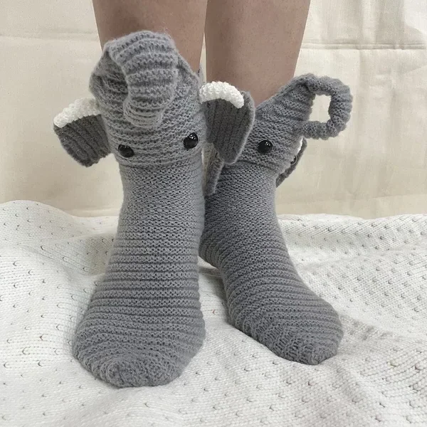 Elephant style 3D knit novelty socks with raised trunk