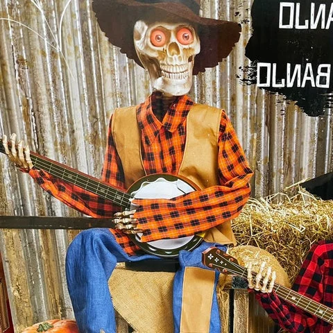 Close-up of an animated skeleton musician holding a banjo