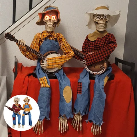 Motion activated skeleton banjo prop set up as Halloween decor