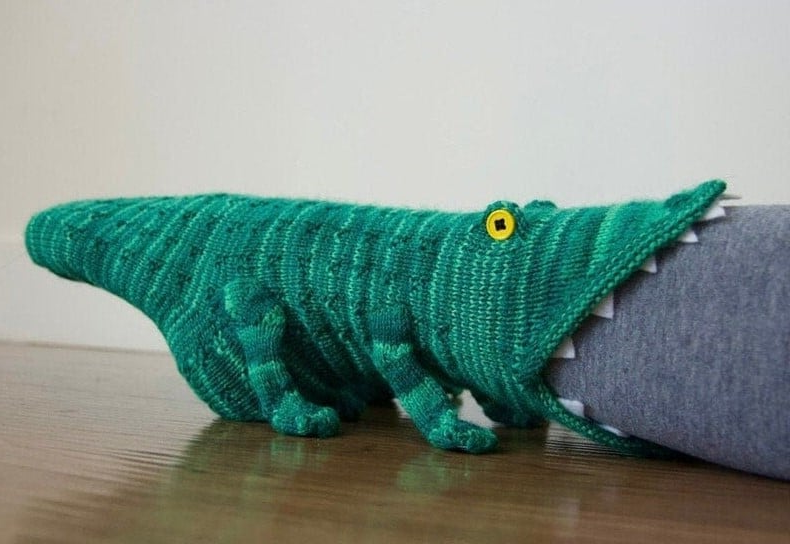 Crocodile style knit socks with raised eyes, snout and limbs