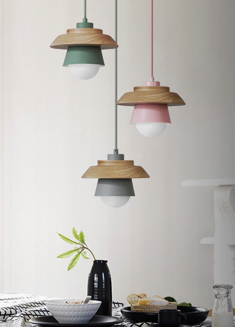 Nordic Wood Pendant Light with Aluminum Shade | Adjustable Hanging Length Up to 35.4 Inches | Available in 5 Colors