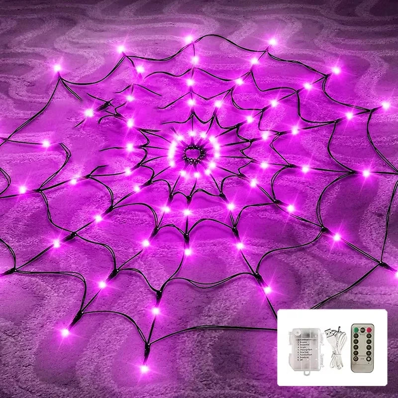Halloween Spider Web Light | 70 LEDs With 8 Modes In Purple Or Orange | IP65 Waterproof With Bendable Black Spider