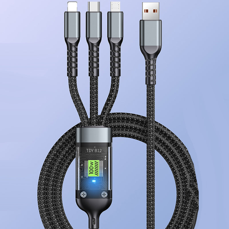 100W USB C Charging Cable with 3 Connector Tips | Braided Tangle Free Cord That Glows in the Dark | 3.9 Foot Length