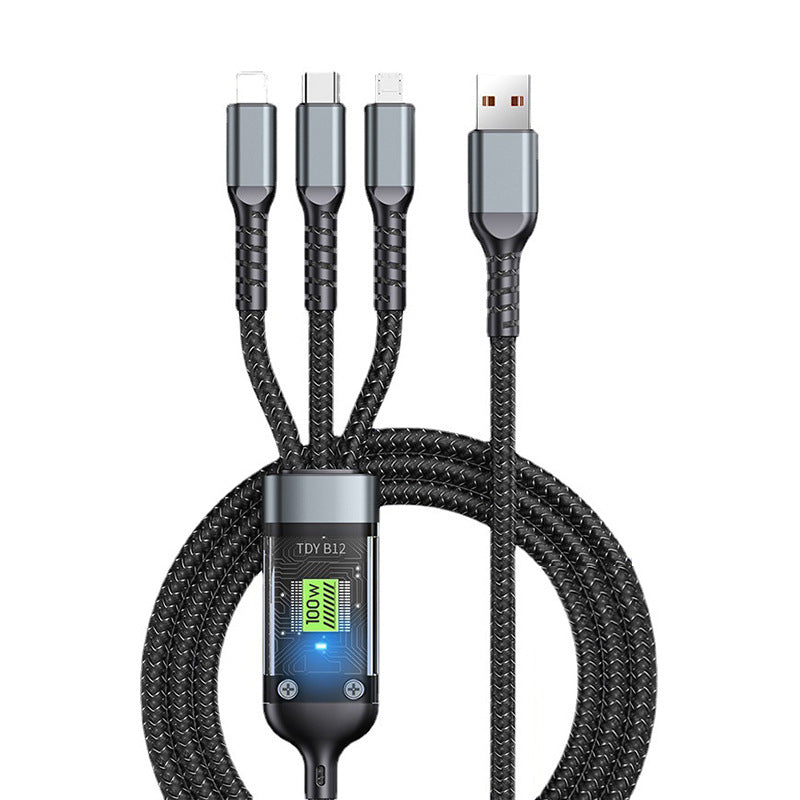 100W USB C Charging Cable with 3 Connector Tips | Braided Tangle Free Cord That Glows in the Dark | 3.9 Foot Length