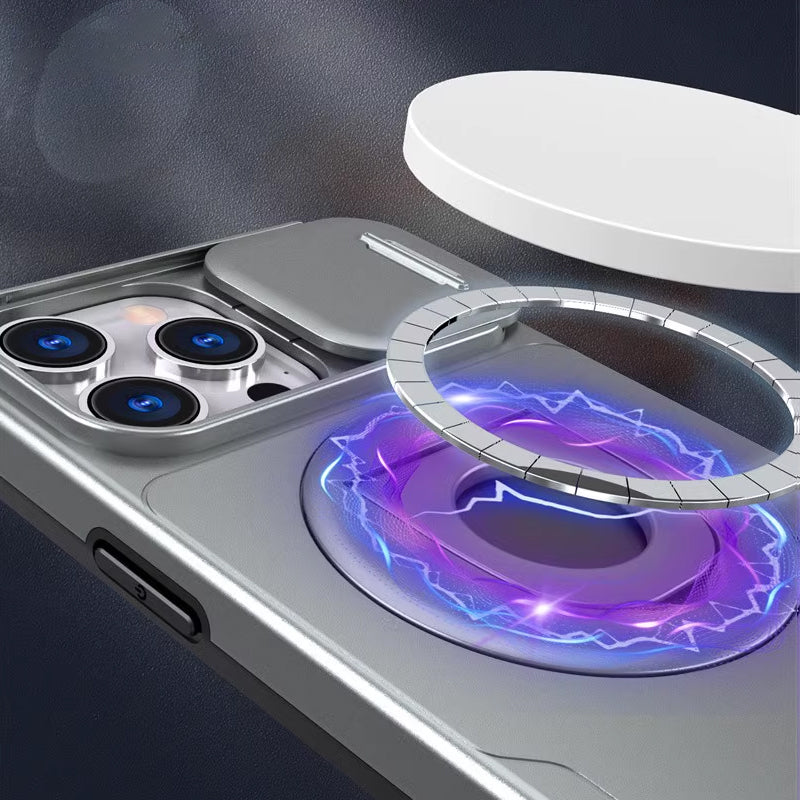 Shockproof Phone Case with Built-In Stand and Sliding Camera Cover | Magnetic Back for Car Mounts | iPhone 11 to 15 Pro Max