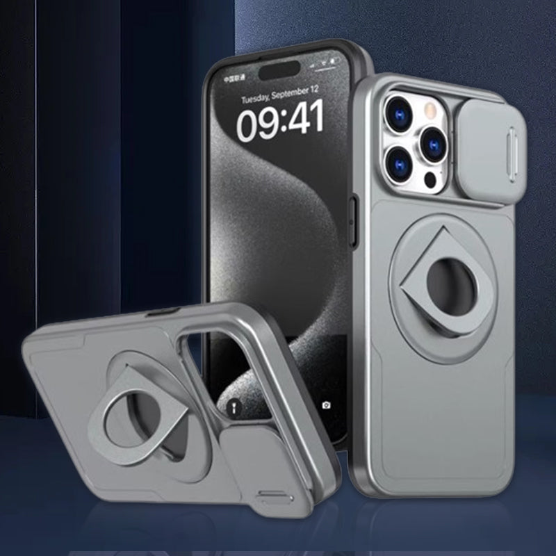 Shockproof Phone Case with Built-In Stand and Sliding Camera Cover | Magnetic Back for Car Mounts | iPhone 11 to 15 Pro Max