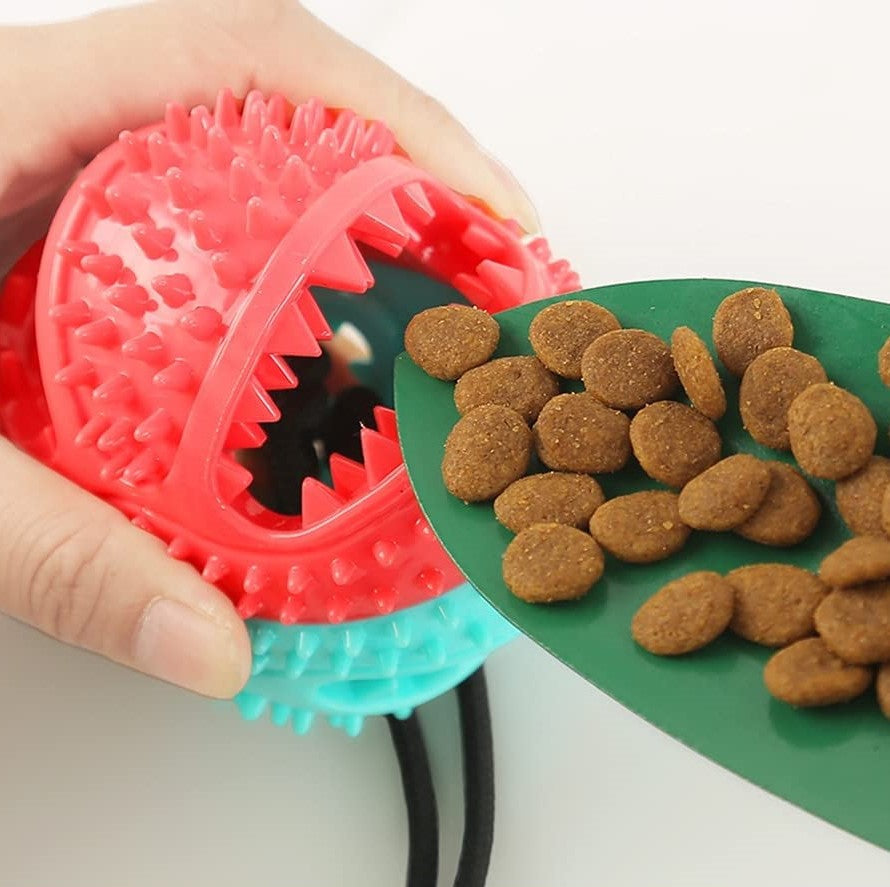Rubber Dog Chew Toys with Ridged Surface and Rope Pull | Treat Opening in the Center, 17 x 2.5 in | 4 Colors