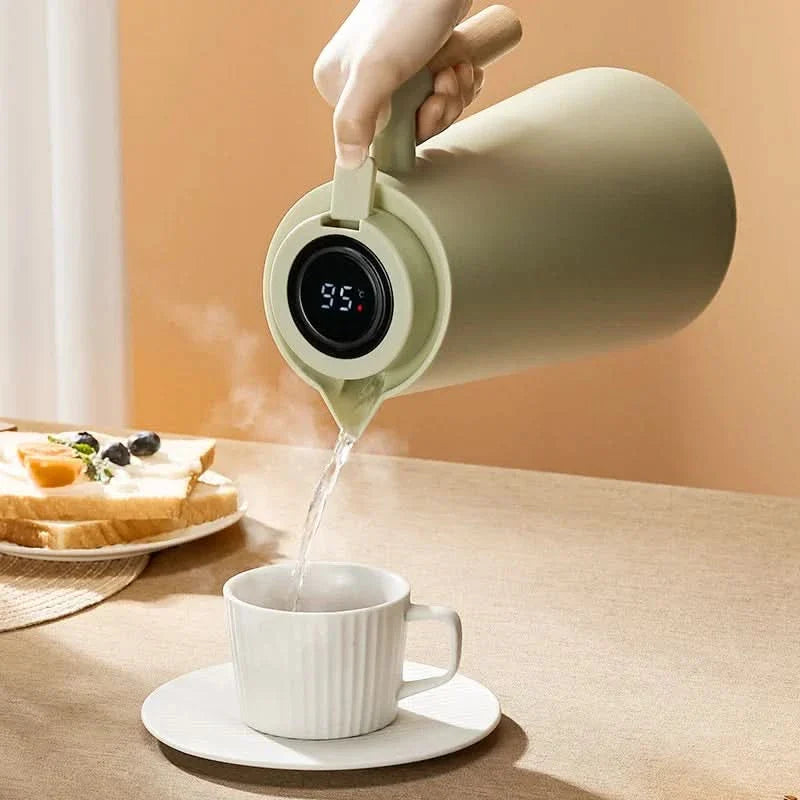Insulated Glass Thermo Jug with Temperature Display | Wood Handle Design | Keeps Beverages at Temperature