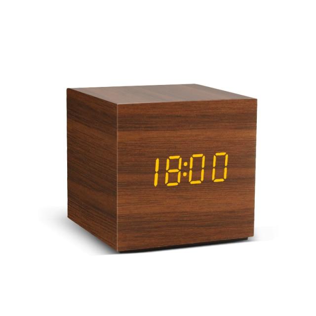 Wood Cube Alarm Clock with an LED Display, Temperature and Humidity | Three Wake Times, Sound or Touch Activated | Ten Styles