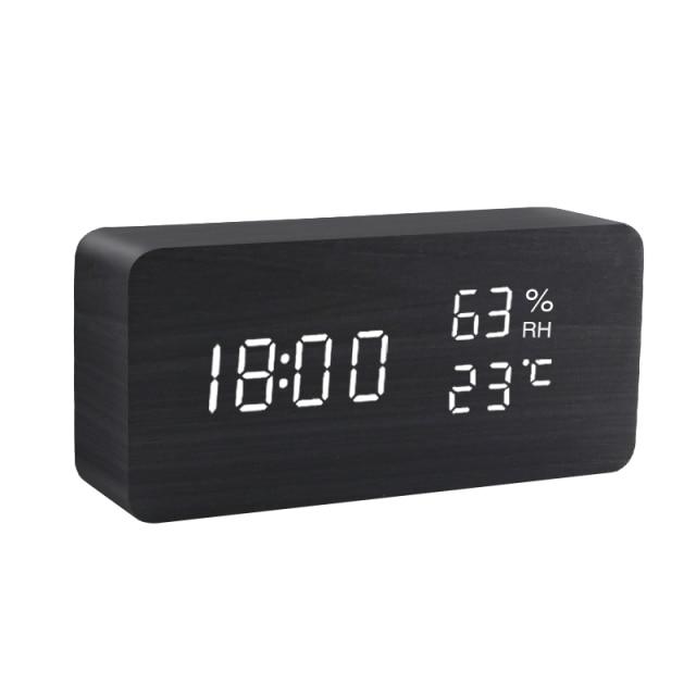 Wood Cube Alarm Clock with an LED Display, Temperature and Humidity | Three Wake Times, Sound or Touch Activated | Ten Styles